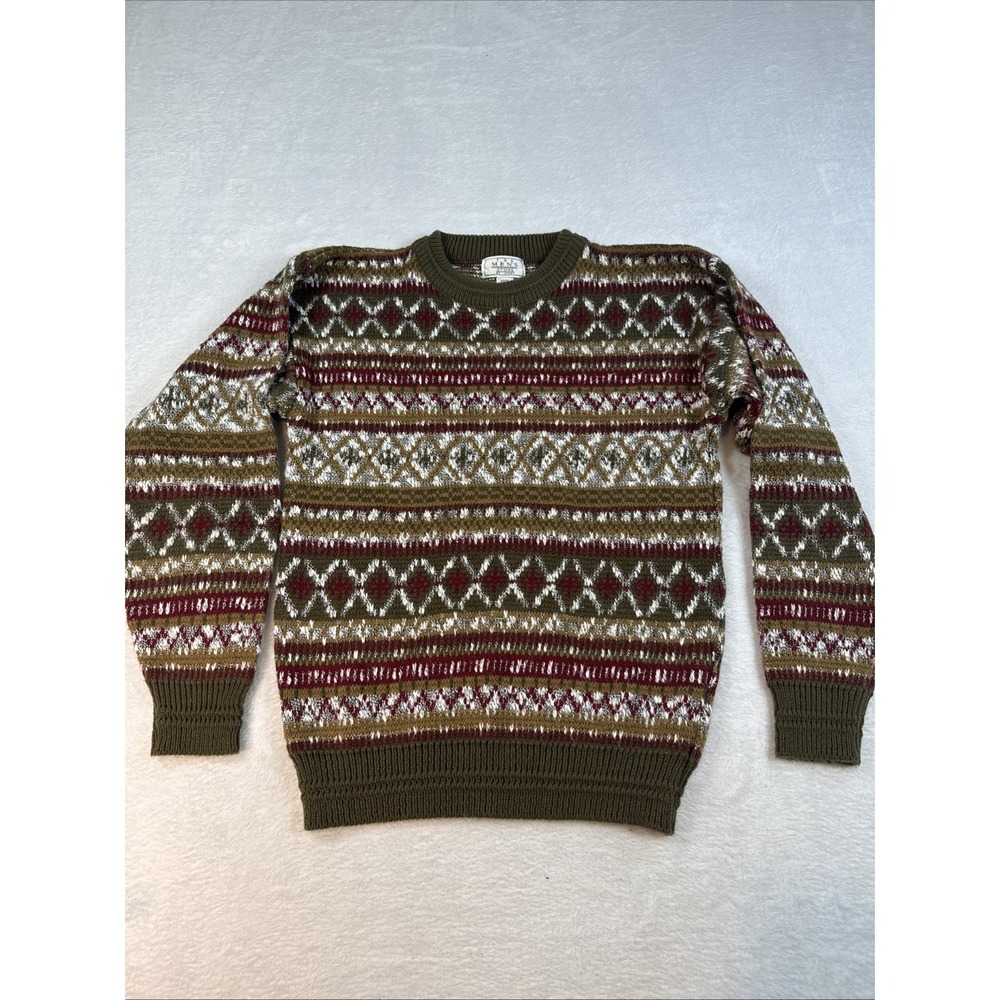 Vintage Men's Store at Sears Sweater Men's M Olive Green Red Fair Isle Crew Neck